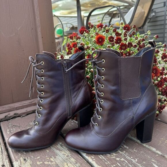 Liz Claiborne Boots Women  Ankle  Heels Zip 100-7006 Burgundy Leather Size 8M‎ - Picture 6 of 13